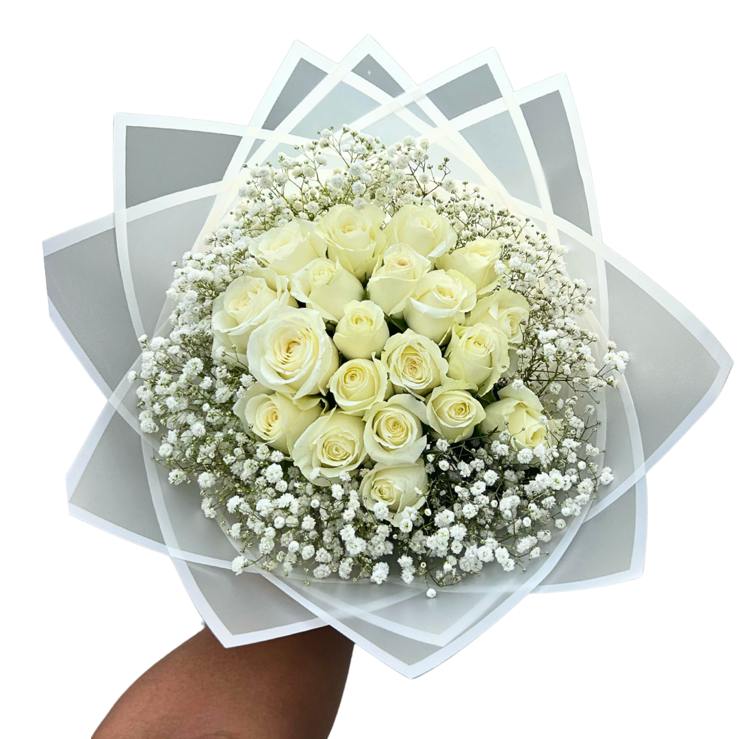 20 stem White Roses with touches of babies breath - Jihaans Flower Emporium