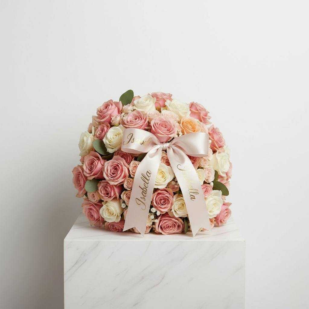 Personalized ribbon from Jihaans Flower Emporium with elegant, customizable design for special occasions and gift wrapping.