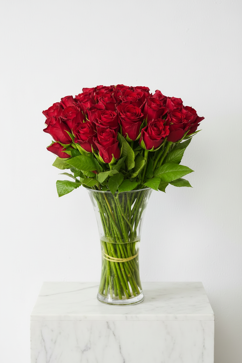 50 stem red roses arranged in a clear glass vase, showcasing vibrant red blooms and lush green leaves.