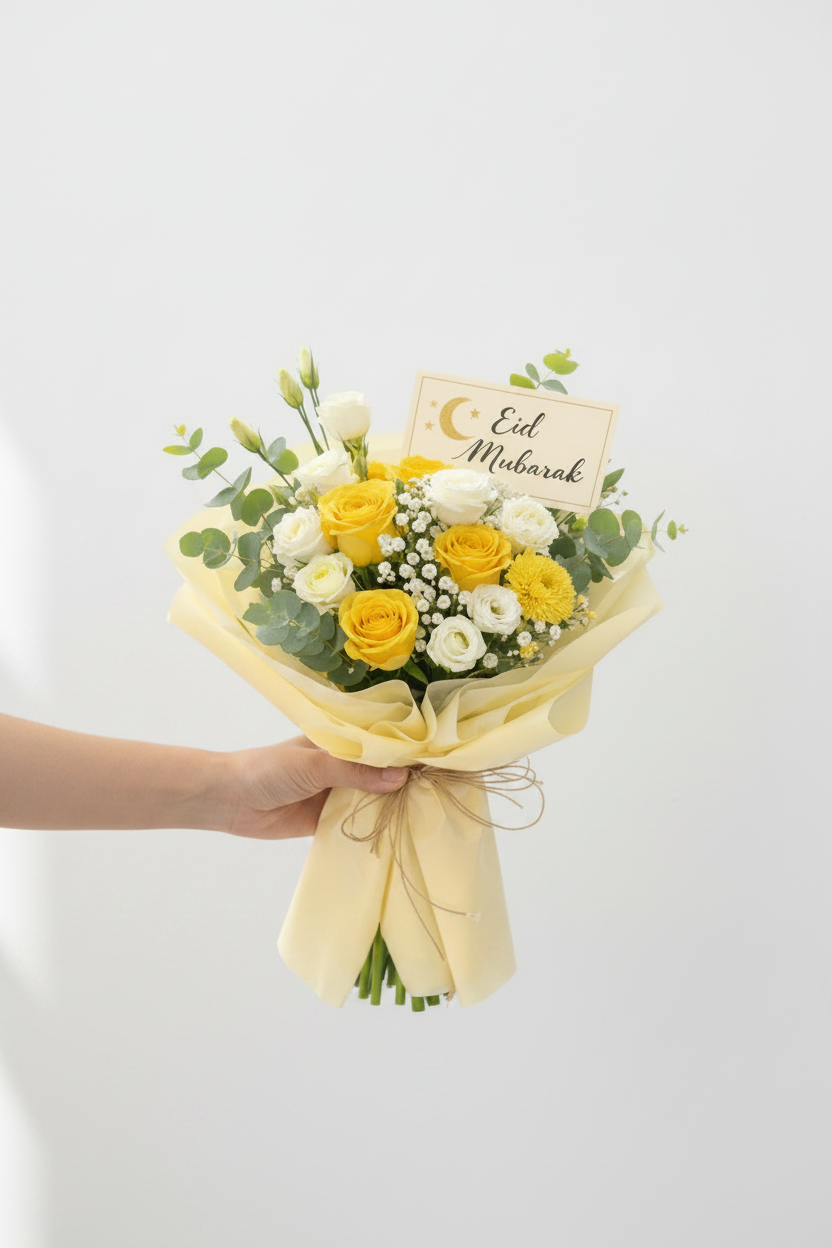 Golden Blessings Eid bouquet of fresh flowers with vibrant yellow and gold accents from Jihaans Flower Emporium.