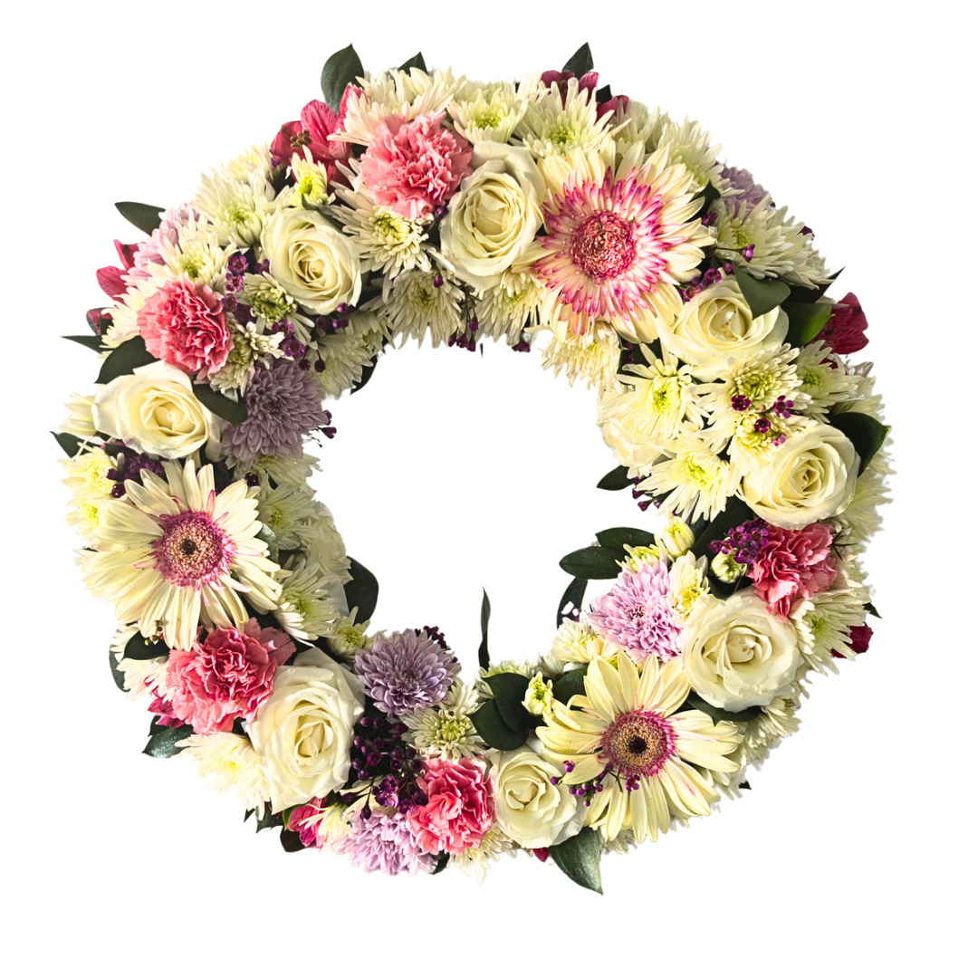 Large Funeral and Sympathy Wreath (Blush Pinks and white) - Jihaans Flower Emporium