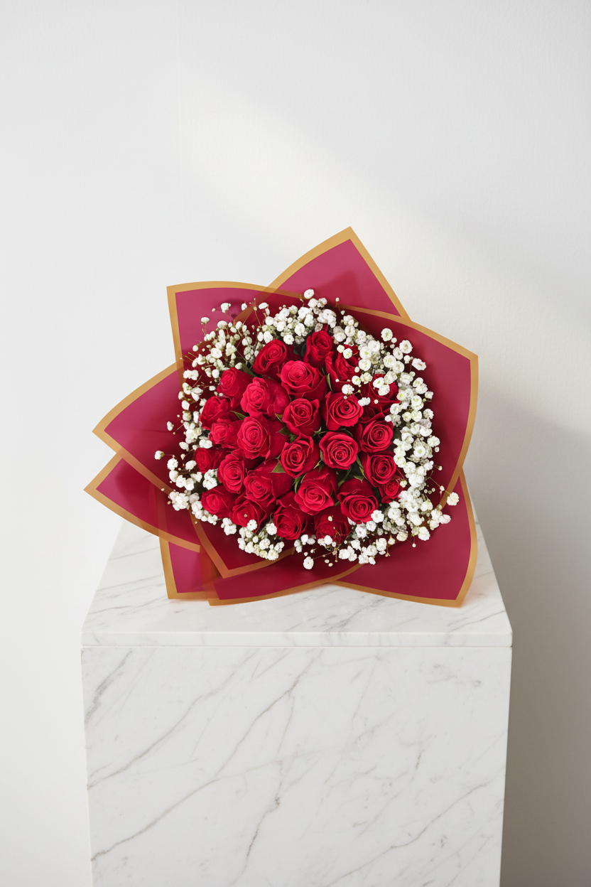 20 stem Cerise Roses with baby's breath, vibrant red roses arranged with delicate white filler flowers