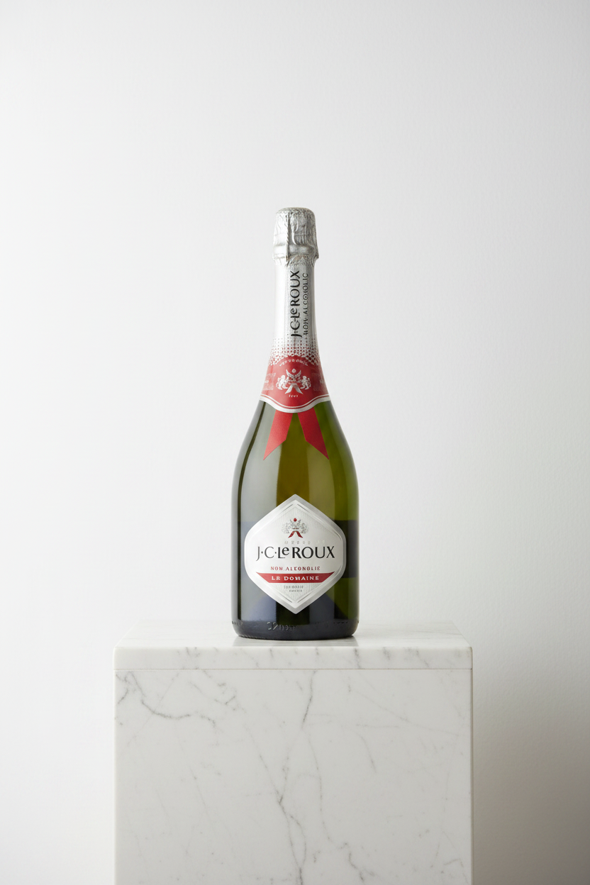 Non-alcoholic beverage from JC Le Roux, displayed with elegant glassware, featuring a light, bubbly appearance and subtle branding.