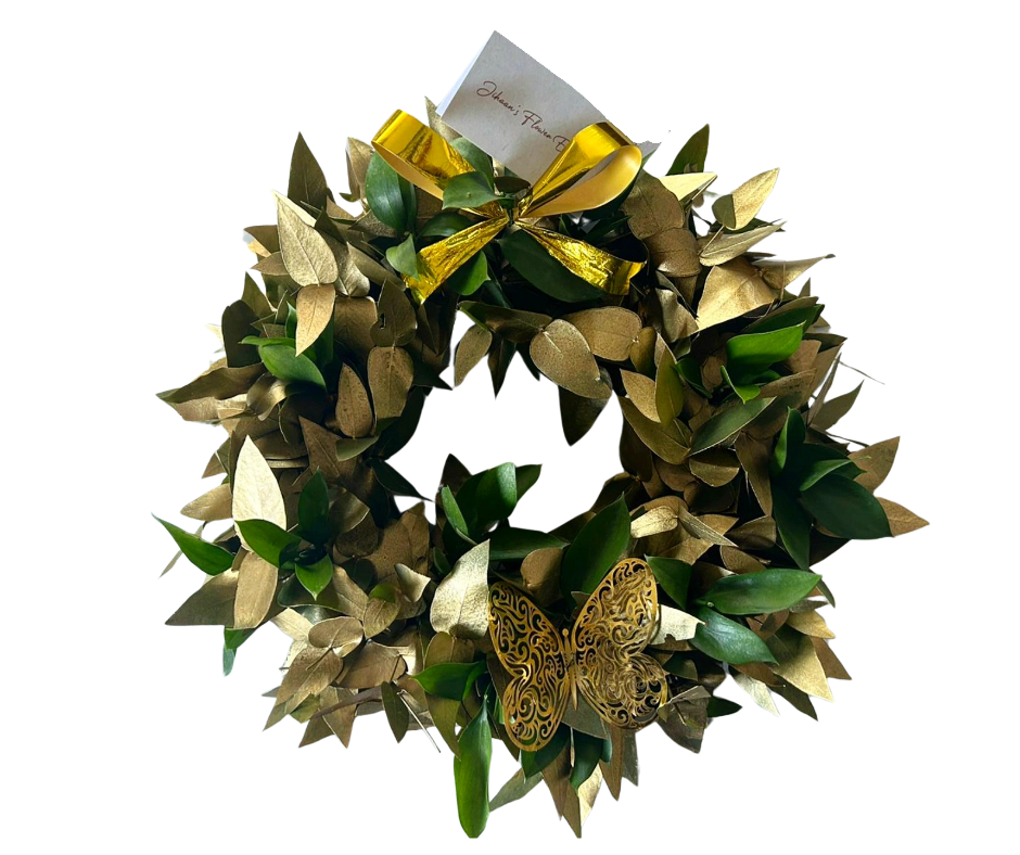 Pennygum wreath with Golden highlights - Jihaans Flower Emporium