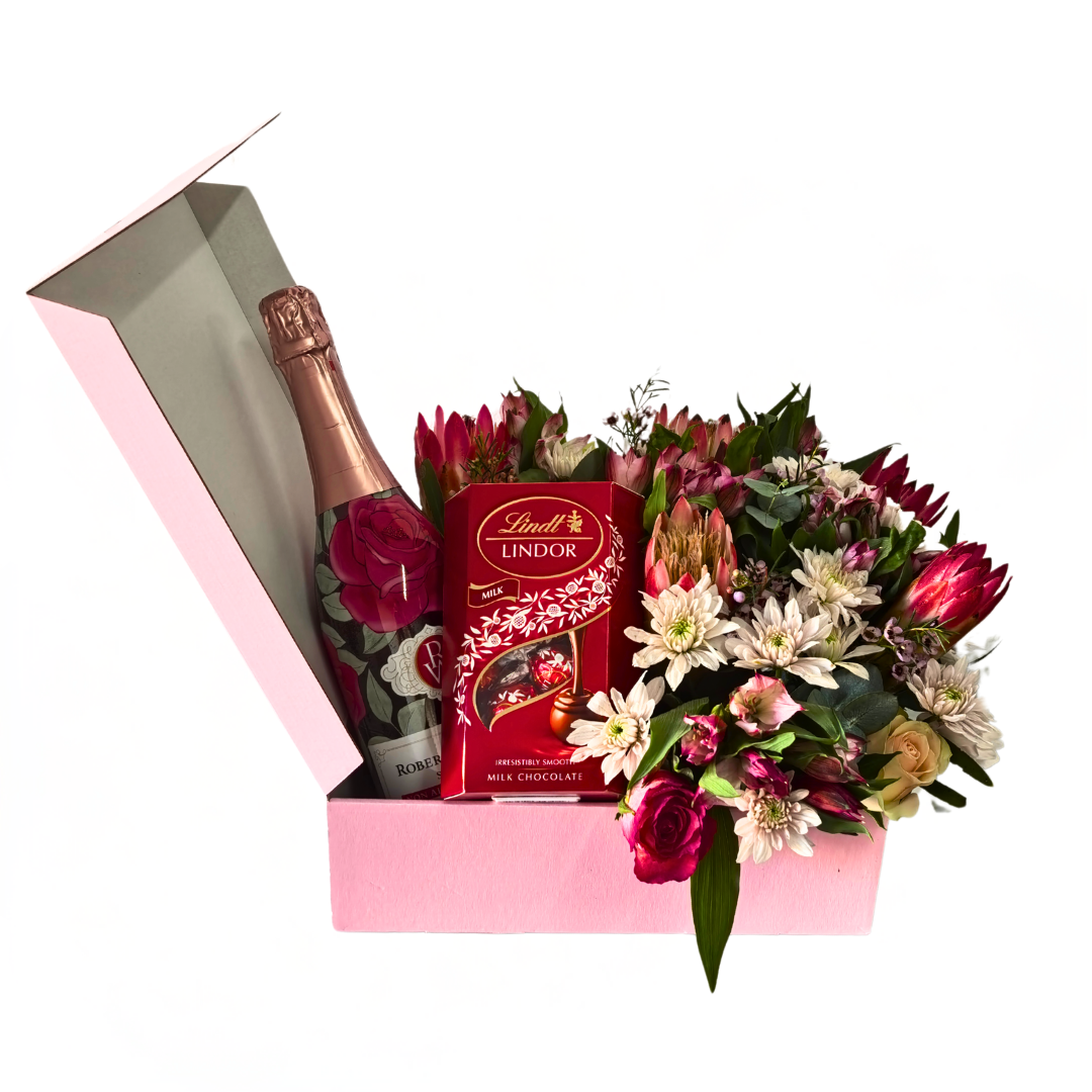 Celebrate in Style – Boxed Arrangement with Chrysanthemums, Roses & Treats - Jihaans Flower Emporium