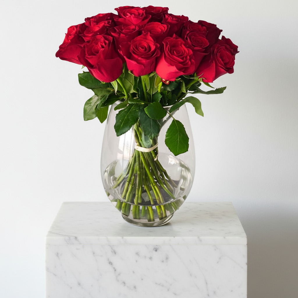 Red roses with long stems arranged in a clear glass vase, fresh and vibrant, perfect for special occasions.