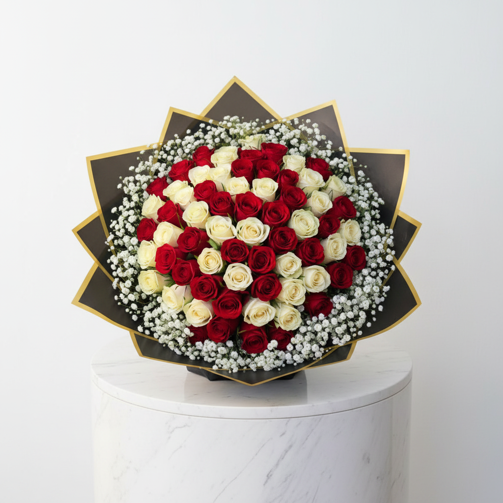 Bouquet of 60 white and red roses with baby's breath, showcasing fresh, vibrant floral arrangement from My Store.