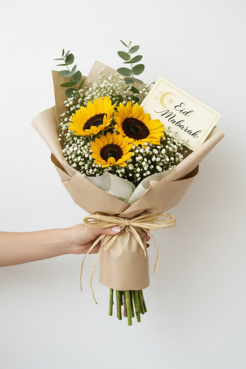 Golden Eid sunflower bouquet from Jihaans Flower Emporium featuring vibrant yellow sunflowers arranged in a lush floral display.