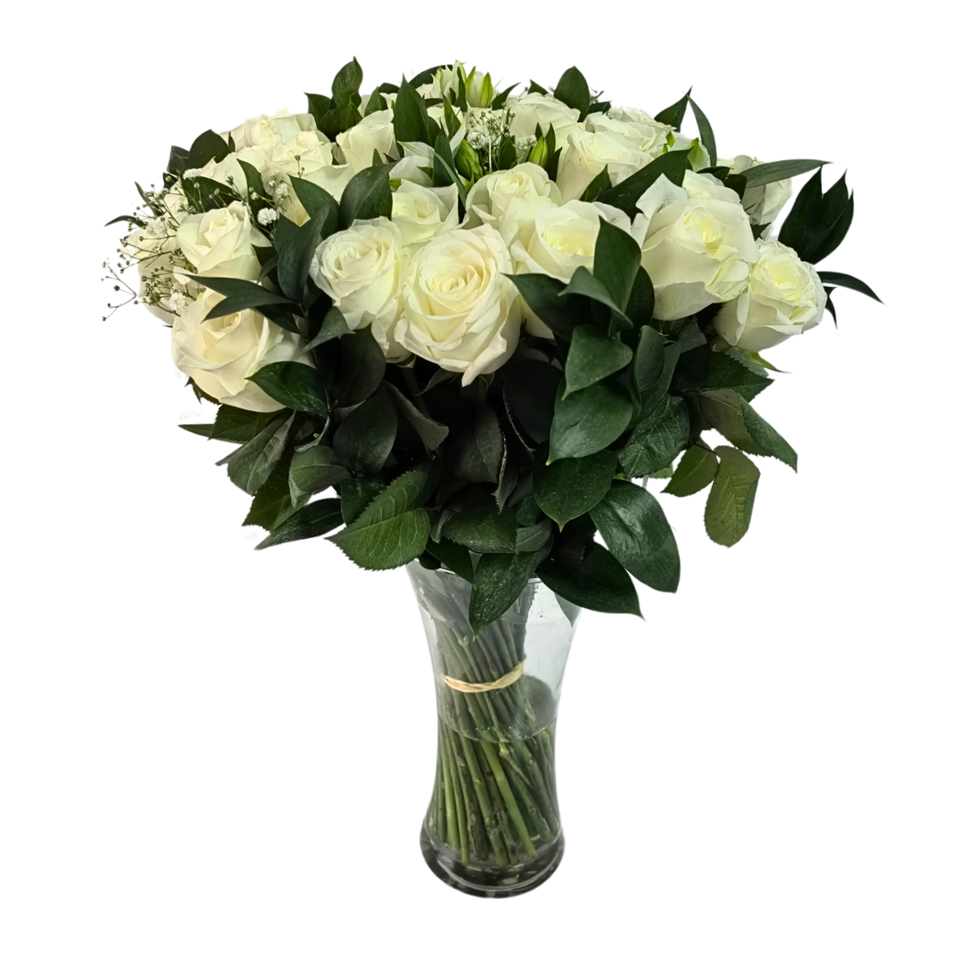 36 White Roses (with a vase) - Jihaans Flower Emporium