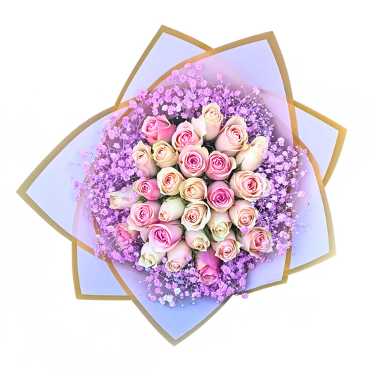 30 stem pink Roses with touches of pink babies breath - Jihaans Flower Emporium