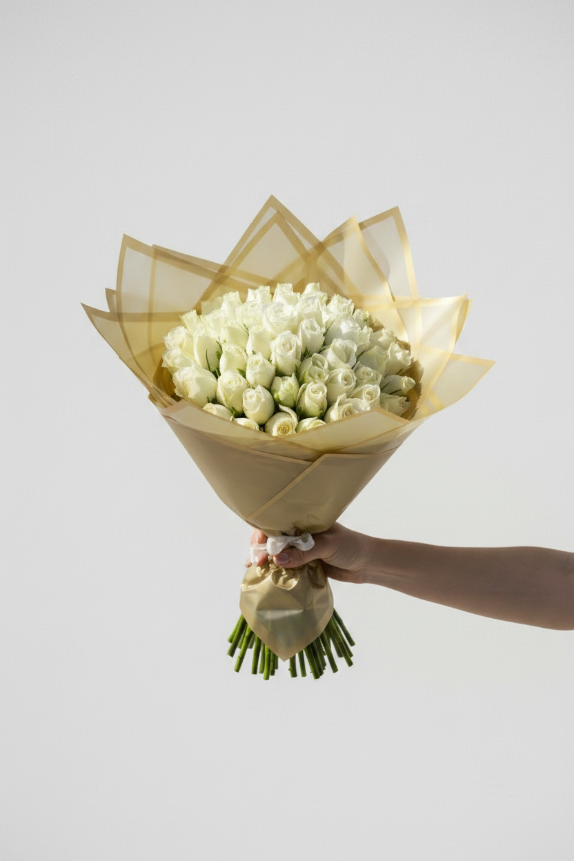 Bouquet of 50 fresh white roses, elegant flower stems with lush blooms, ideal for romantic or special occasions.