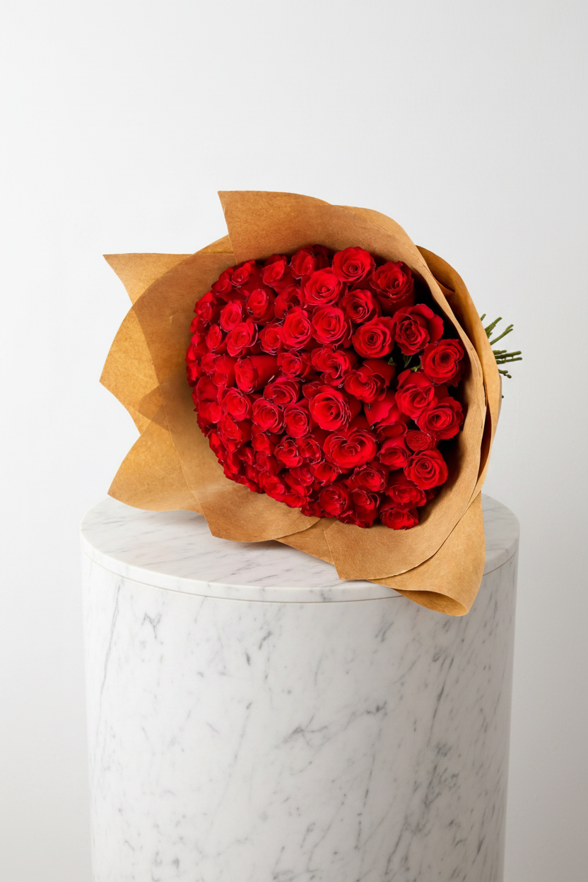 Red roses arrangement featuring 75 fresh roses, showcasing vibrant red blooms in a beautifully crafted floral display.
