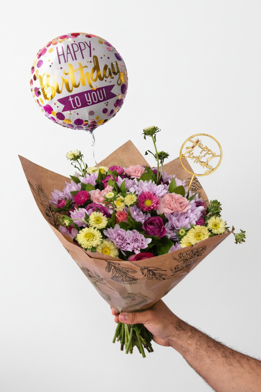 Spring Meadow Birthday Set by Jihaans Flower Emporium featuring colorful floral-themed birthday decorations and accessories.