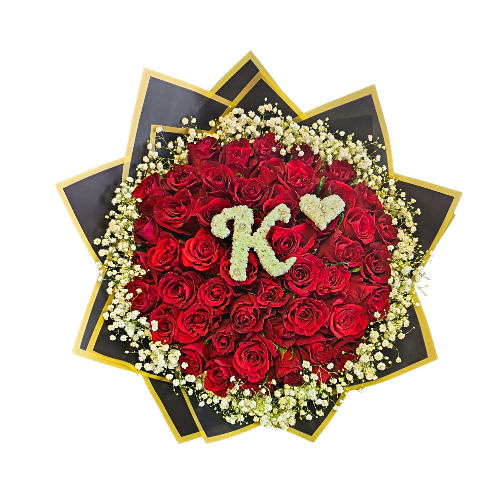 40 Stem Roses and Babies Breath (with one Letter and a heart) - Choose your own Colour - Jihaans Flower Emporium