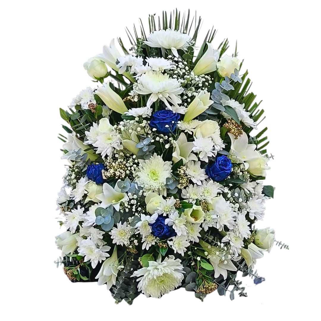 White and Blue Upright Funeral Arrangement - Jihaans Flower Emporium