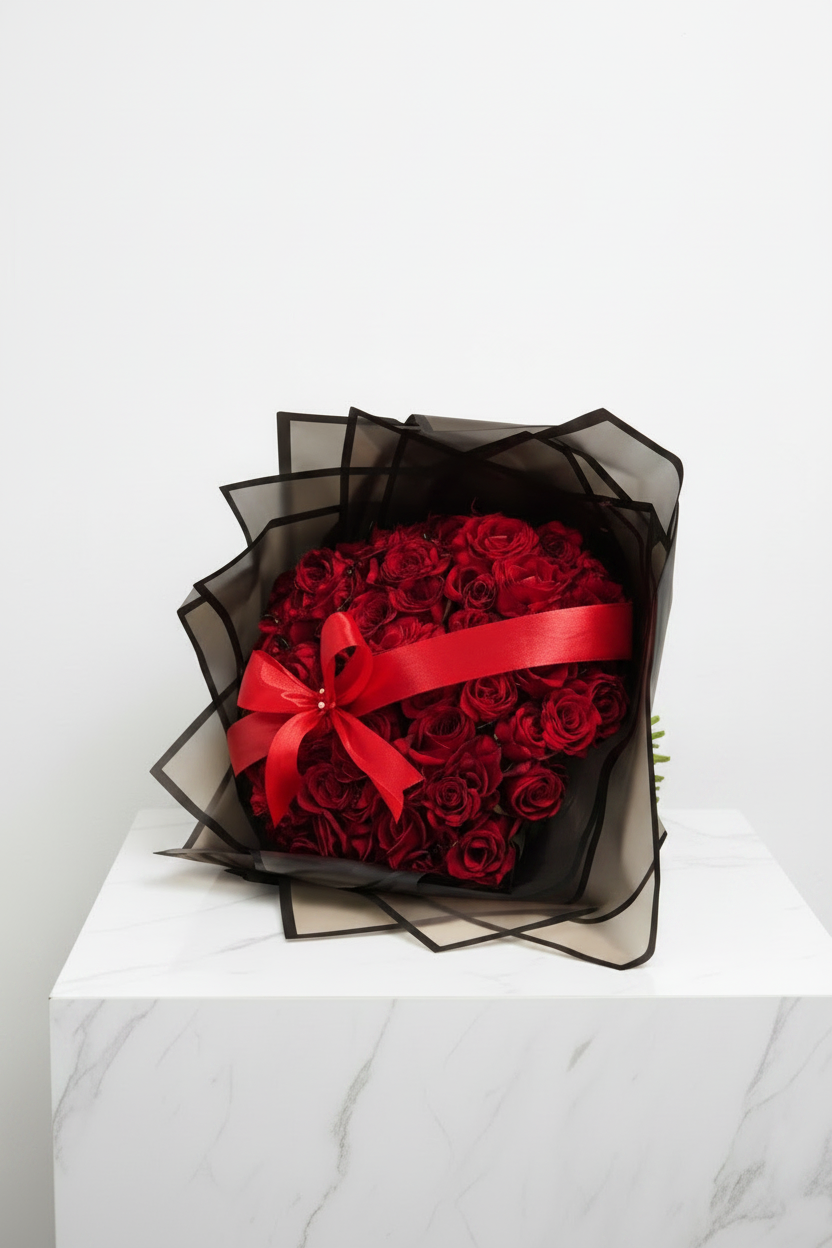 Red roses with red bow, fresh floral bouquet from My Store, perfect for romantic gestures and special occasions.