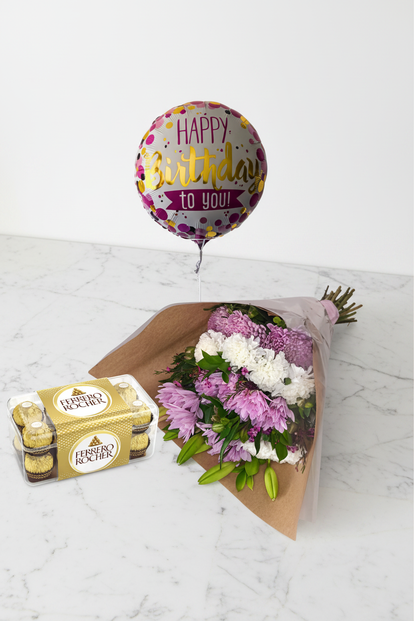 Blush birthday bouquet set with pink and white flowers from Jihaans Flower Emporium, arranged in a cheerful floral display.
