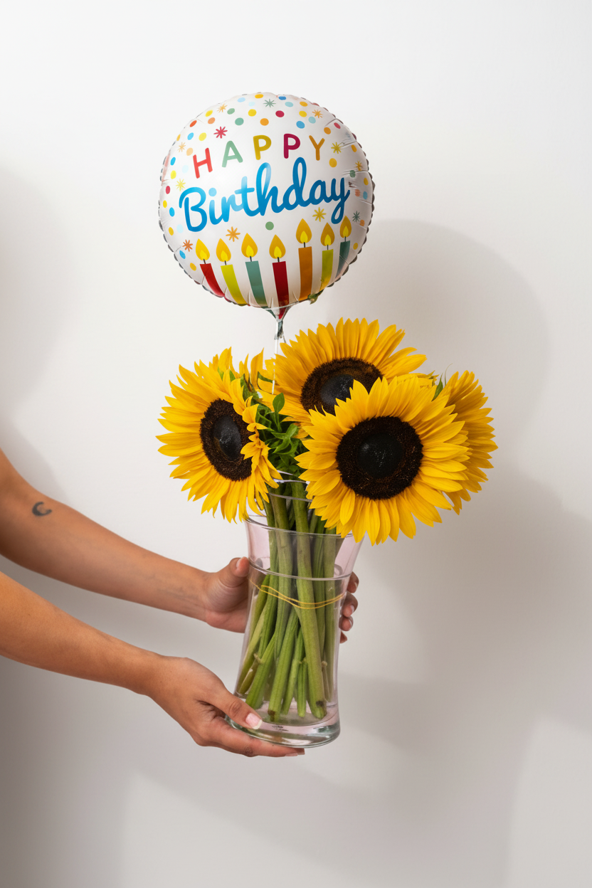 Bright yellow birthday vase from Jihaans Flower Emporium featuring a cheerful floral arrangement with sunflowers and greenery.