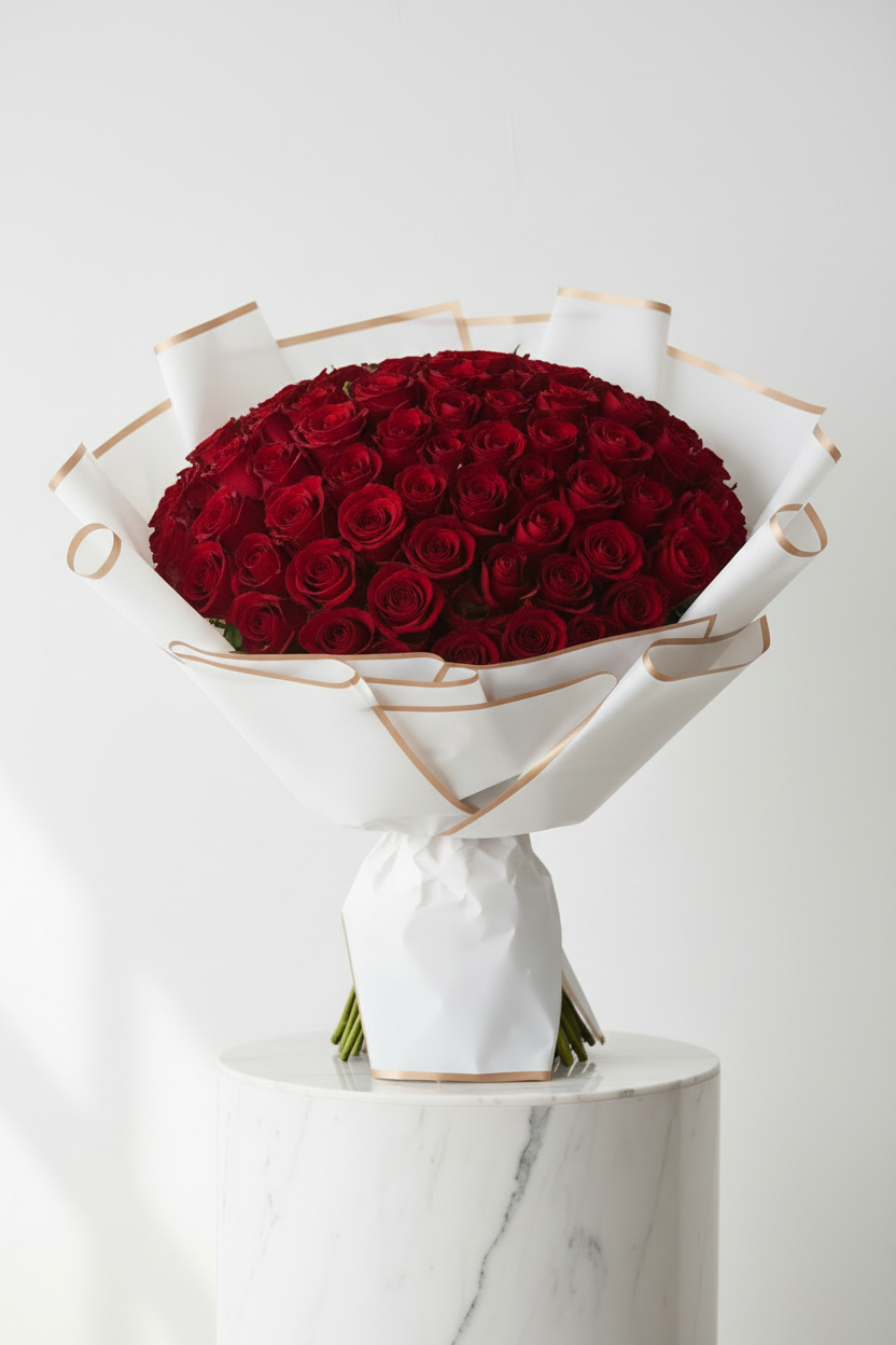 Beautiful arrangement of 100 red roses, showcasing vibrant blossoms and lush green leaves in a classic floral display.