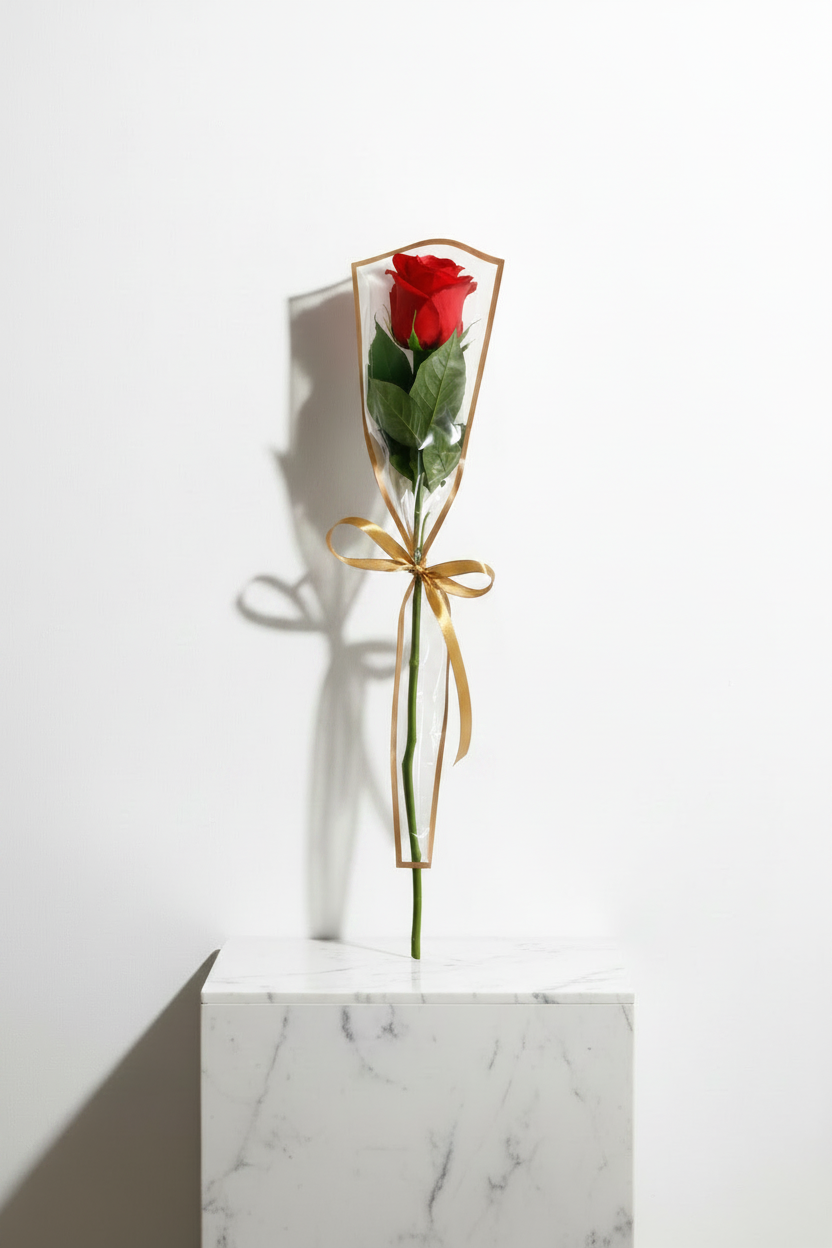 Single fresh roses from My Store, showcasing vibrant red petals and green stems against a neutral background.