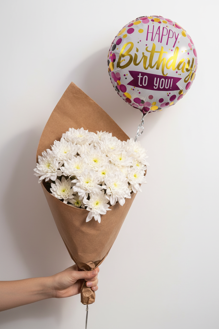 Beautiful birthday card from Jihaans Flower Emporium with "Pure Birthday Wishes" message and colorful floral design.
