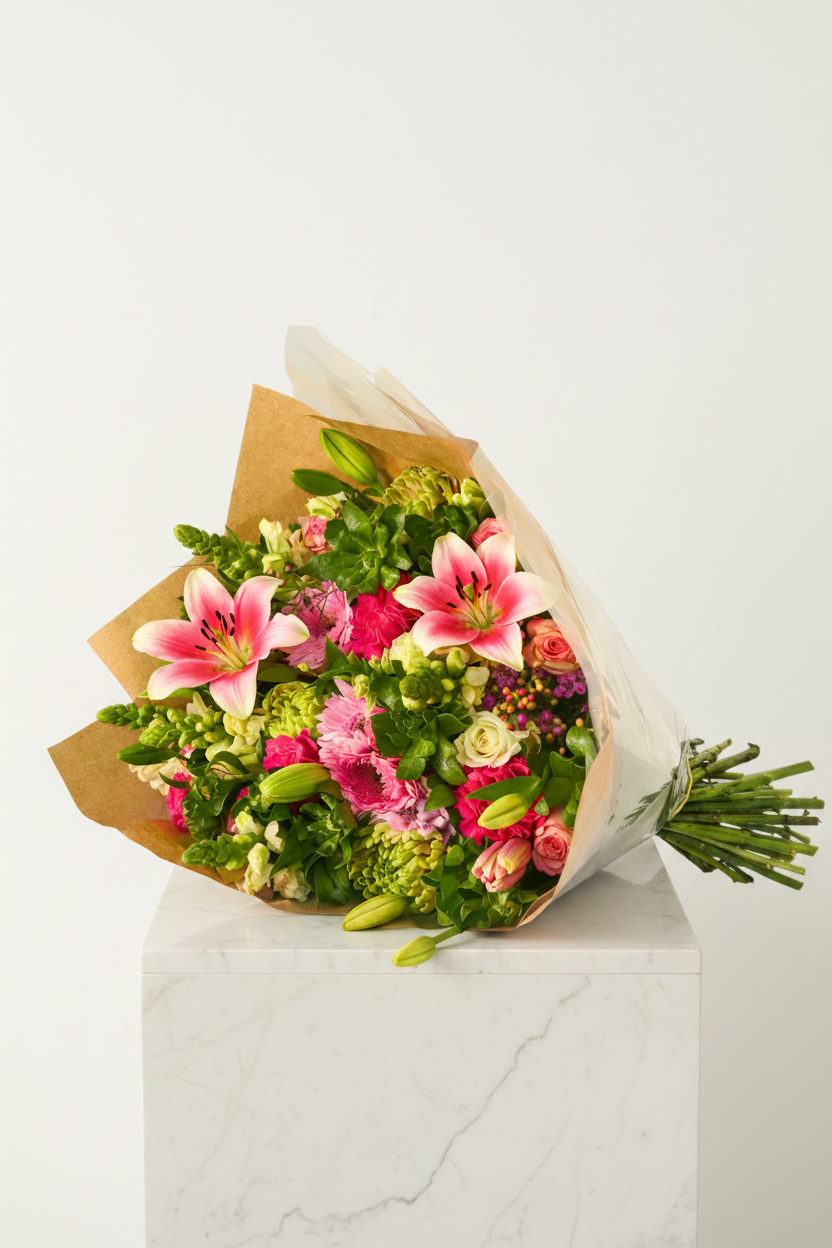 Beautiful symphony flower arrangement with colorful blooms and lush greenery, showcasing a vibrant floral design.