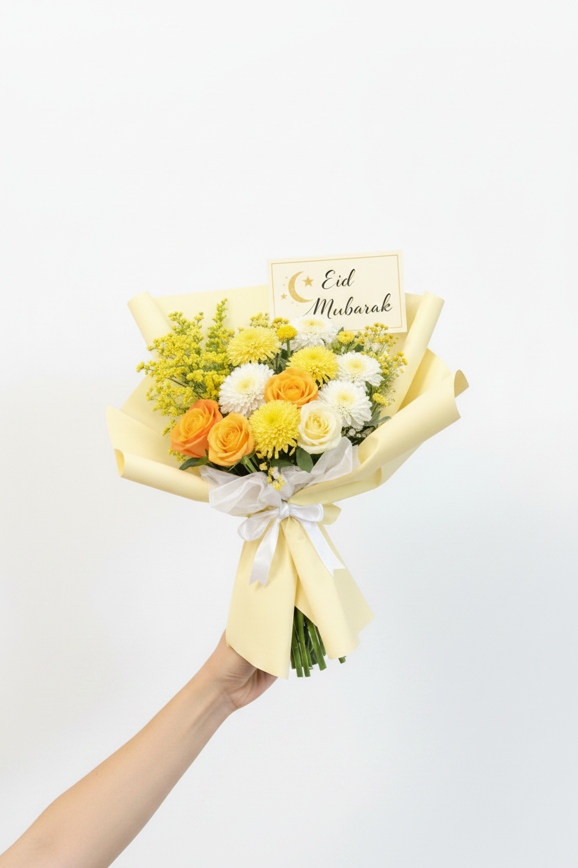Golden Eid Bloom floral arrangement from Jihaans Flower Emporium with vibrant yellow and gold flowers in a decorative display