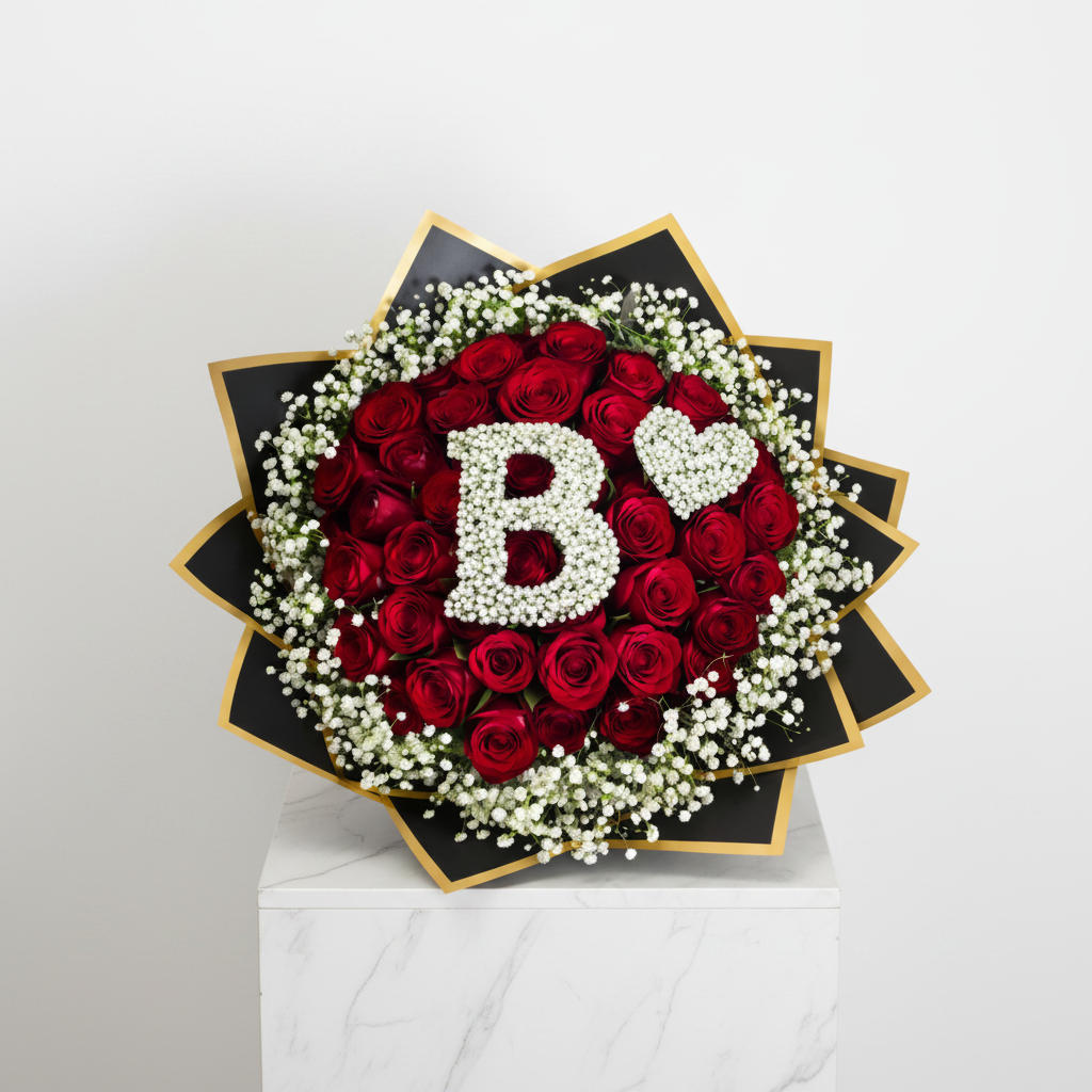 Bouquet of 40 colorful stem roses with baby's breath, featuring a letter and heart, perfect for romantic occasions.