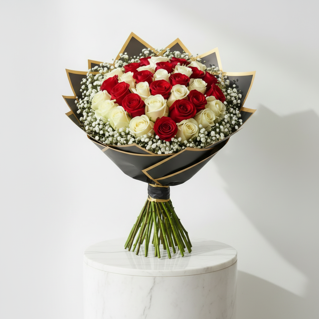 Bouquet of classic romance flowers with mixed colorful blooms, arranged in a lush, elegant floral display.