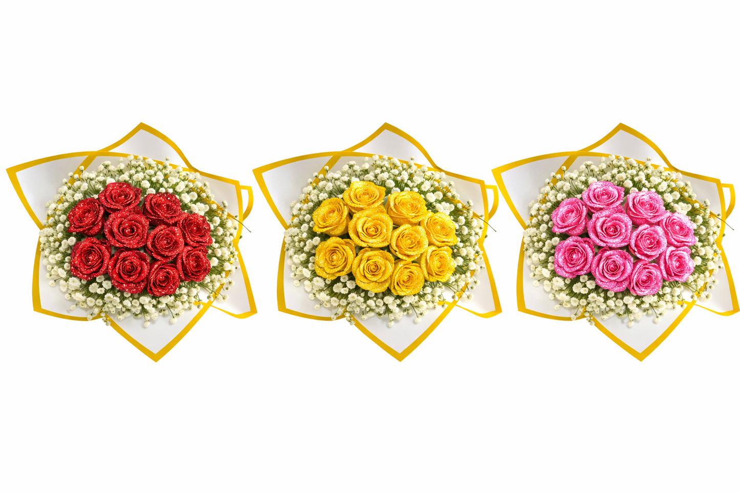 Assorted Size Glitter Rose Bouquet (with babies breath) - Jihaans Flower Emporium