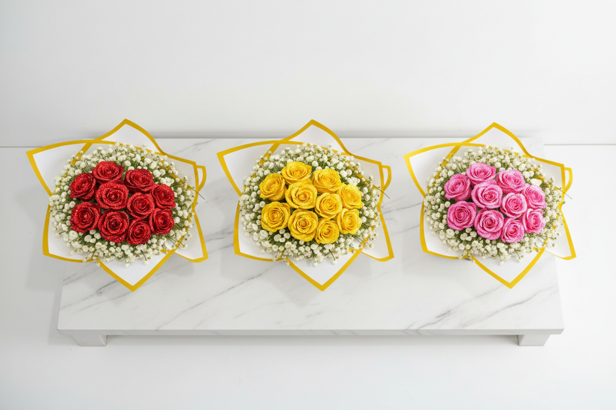 Assorted size glitter rose bouquet with baby's breath, featuring colorful roses and shimmering accents for decorative arrangements.