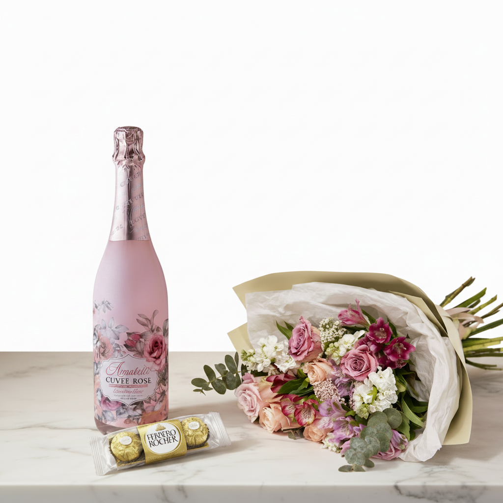 Jihaans Flower Emporium Rosé Romance gift set with pink roses, flowers, and elegant packaging for special occasions