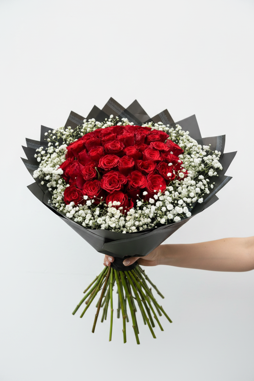 Red roses with 40 stems and delicate baby's breath, showcasing vibrant blooms and lush green leaves.
