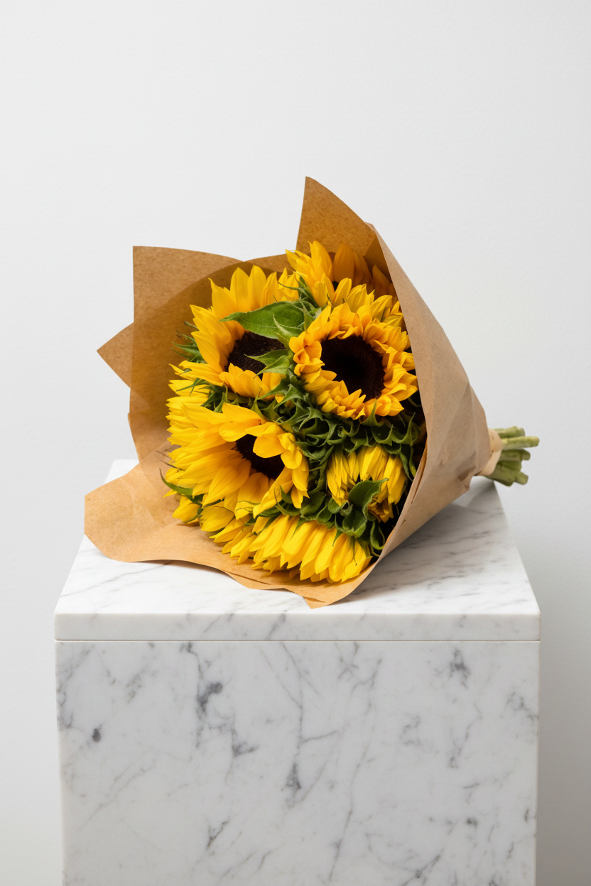 Bright sunflower arrangement in a vase, featuring vibrant yellow sunflowers and green foliage, perfect for cheerful decor.