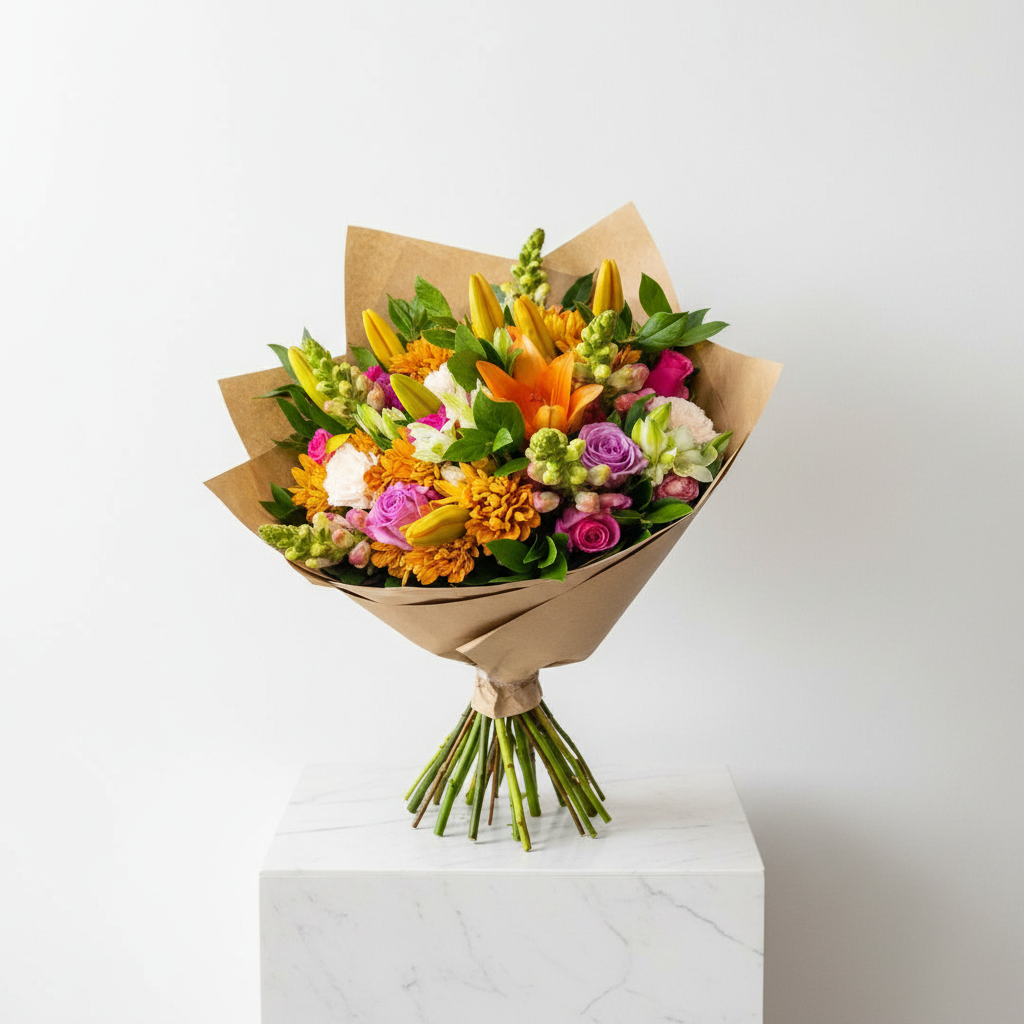 Bright blooming floral arrangement with vibrant mixed flowers in a decorative vase, perfect for home decor.