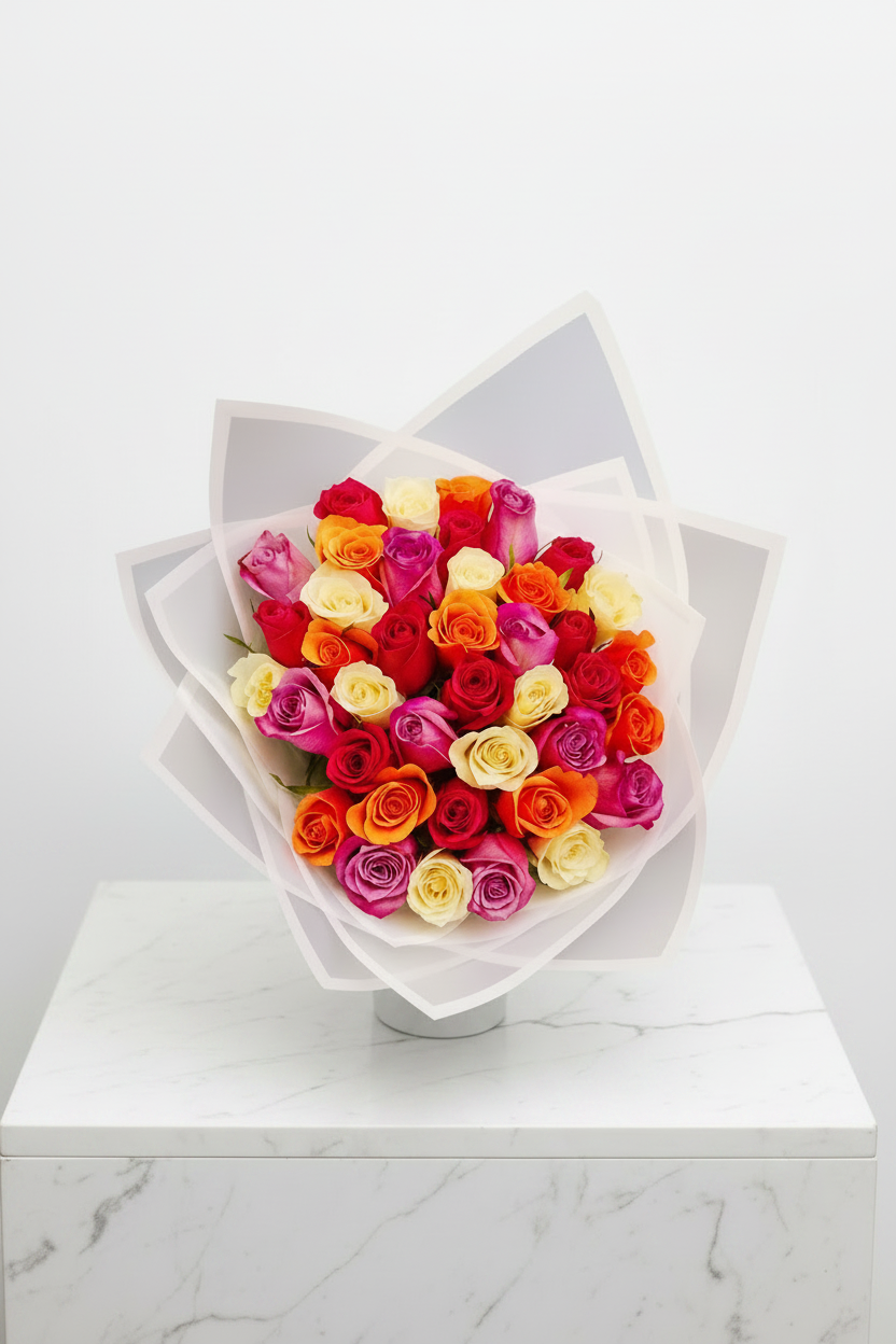 Assorted 40 stem mixed roses in various colors, showcasing vibrant blooms and lush green foliage, perfect for floral arrangements.