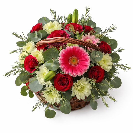 Colorful flower gift basket with assorted blooms in a natural woven basket, perfect for gifting from My Store's Bloom Basket collection.