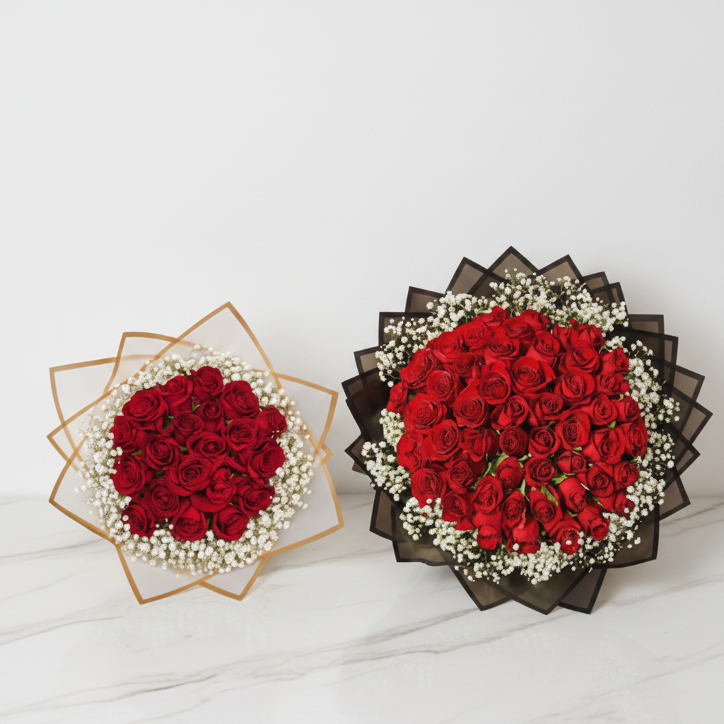 Assorted size and color rose bouquets with baby's breath, featuring fresh roses in various shades and arrangements.