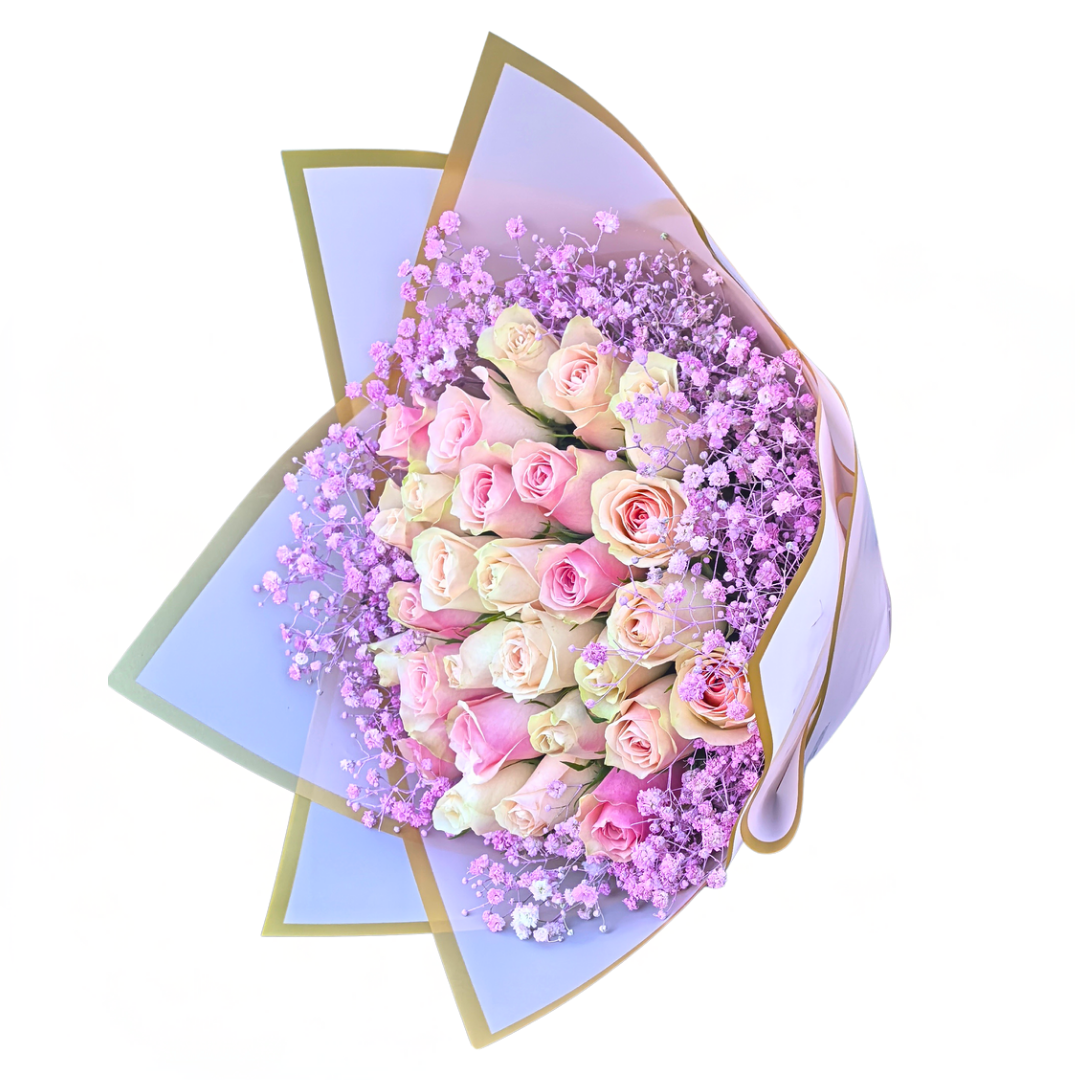 30 stem pink Roses with touches of pink babies breath - Jihaans Flower Emporium