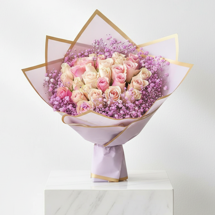 30 stem pink Roses with touches of pink babies breath - Jihaans Flower Emporium