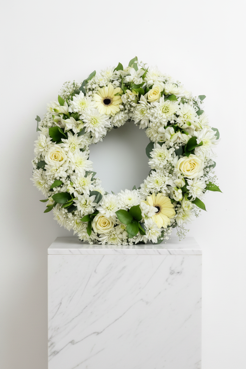 Large sympathy wreath with white and green flowers, arranged in a circular funeral floral arrangement for condolence occasions.