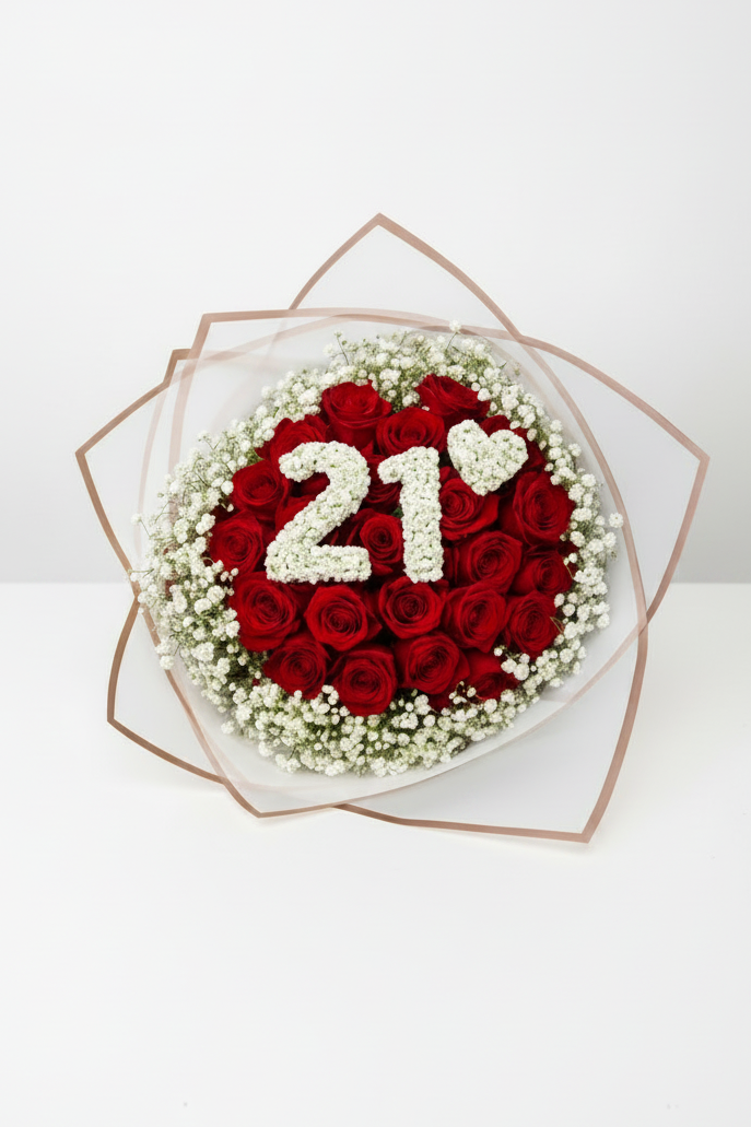 20 stem roses with baby's breath in various colors, arranged by Jihaans Flower Emporium, showcasing fresh floral bouquet.