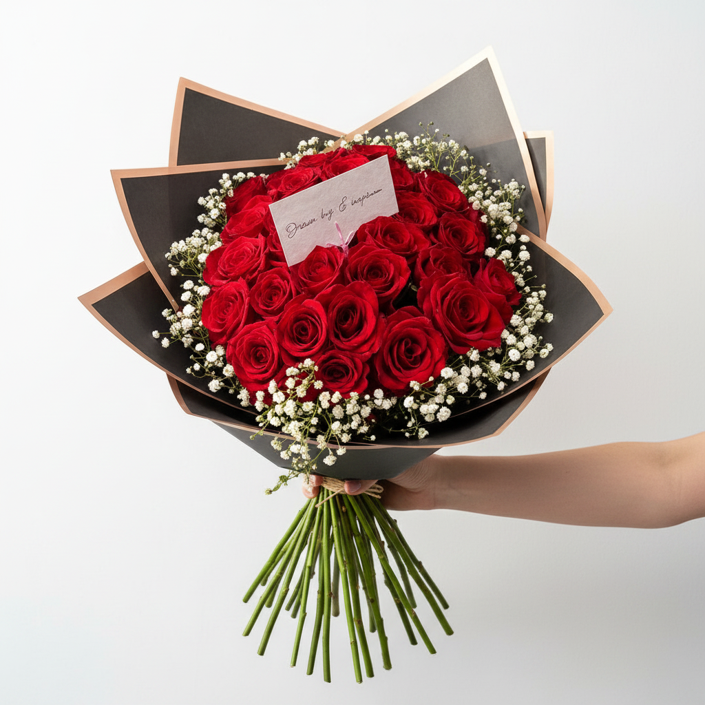 A bouquet of 30 red roses with baby's breath accents, showcasing lush petals and green foliage, arranged beautifully.