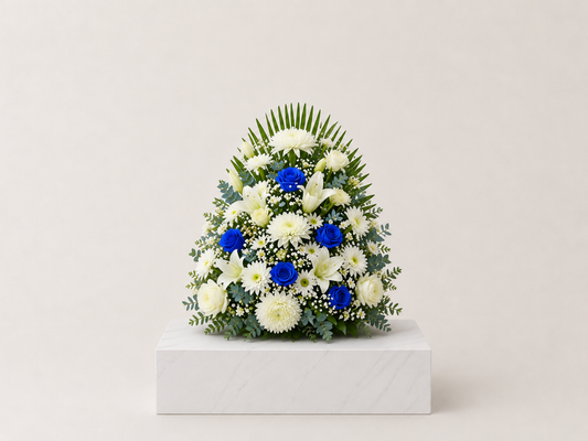 White and Blue Upright Funeral Arrangement