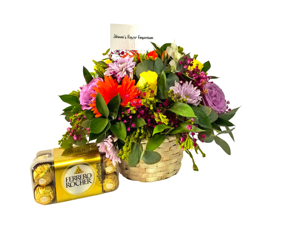 Blissful basket & 16 Ferrero truffles - Jihaans Flower Emporium