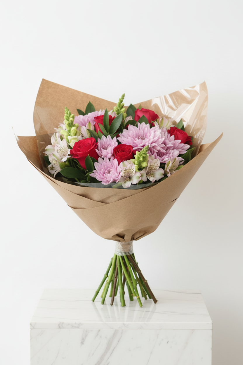 Colorful berry-themed flower bunch featuring pink, purple, and red blooms, ideal for decorative or gifting purposes.