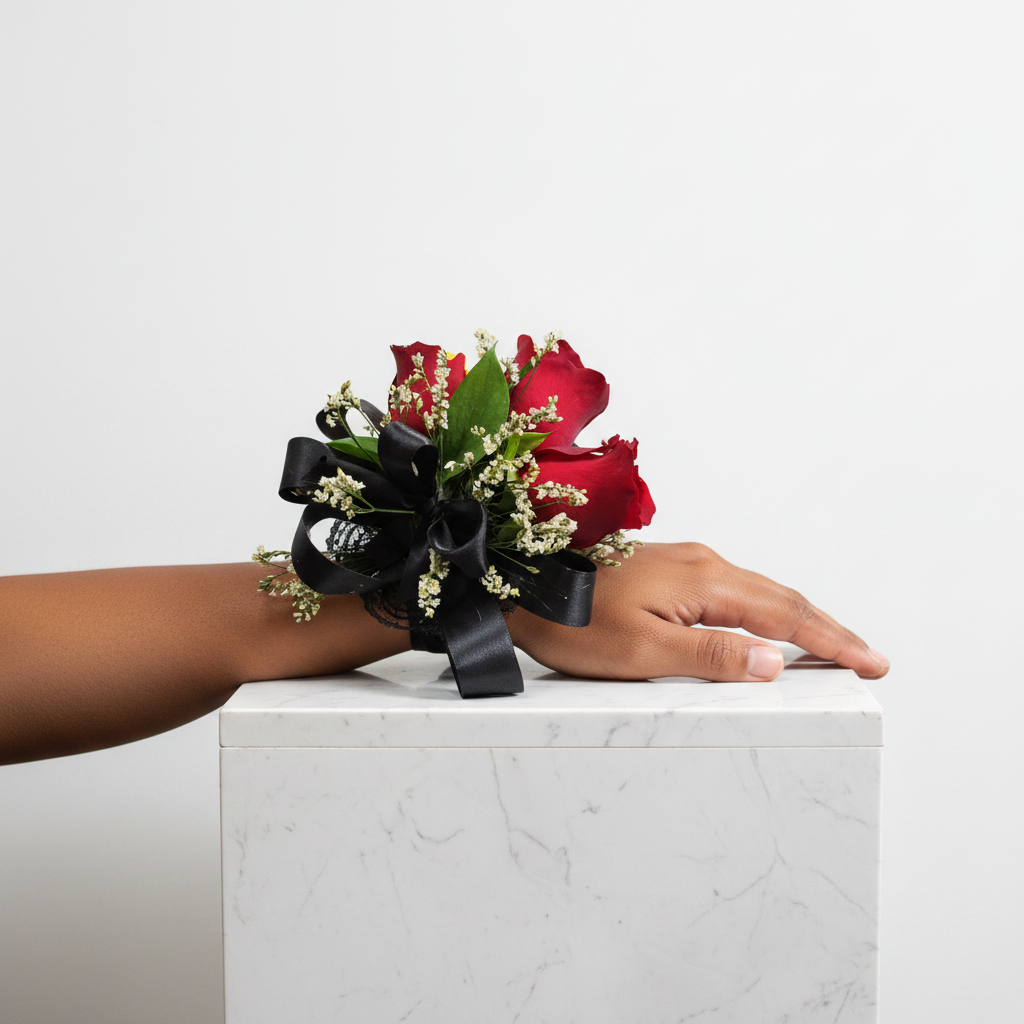 Black Ribbon and Red Rose Corsage - Jihaans Flower Emporium
