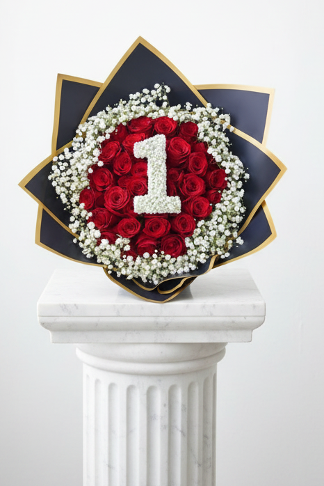 Bouquet of 25 colorful stem roses with baby's breath from Jihaans Flower Emporium, arranged in a beautiful floral display.