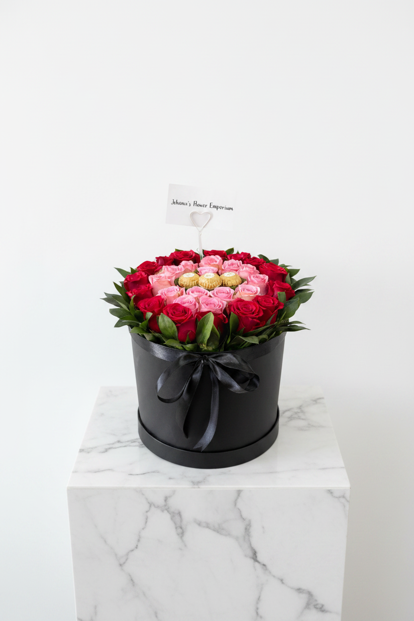 Black and pink floral bucket hat with wide brim, featuring vibrant flower patterns and casual style.