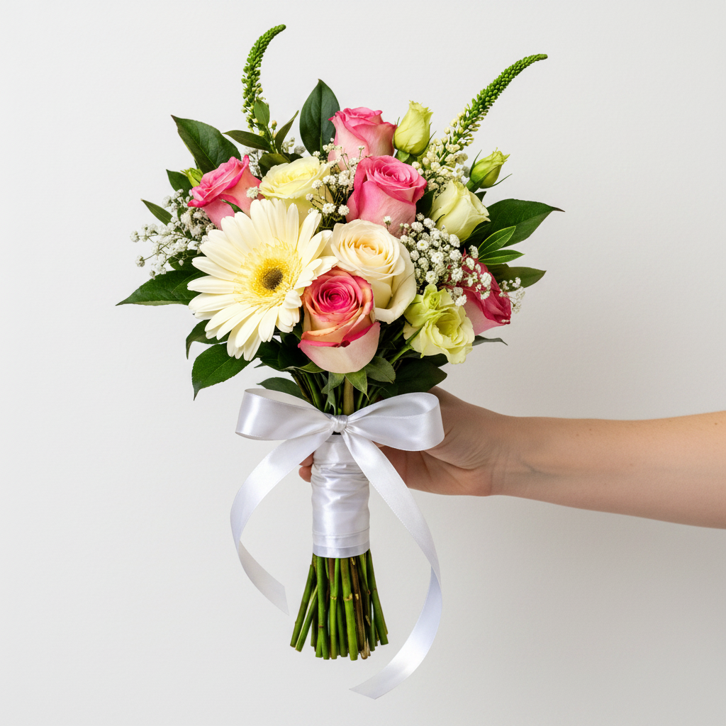 Elegant bridal bouquet with blush pink roses and white flowers, featuring lush green foliage, perfect for wedding bouquets.